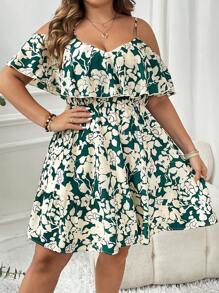 SHEIN VCAY Đầm suông hở vai in họa tiết hoa cỡ lớn cho nữ - Màu xanh lá cây đậm - Xem 4