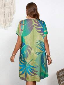 EMERY ROSE 大码女式双口袋时尚 V 领宽松夏季印花乡村连衣裙 - 橄欖綠 - 查看 2