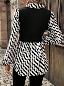 SHEIN LUNE Bluză elegantă cu mânecă lanternă, cu guler, cu dungi ondulate, primăvară și vară - Multicolor - Vizualizare 2