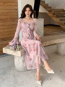 DAZY Damen Maxikleid mit Blumen Muster, Patchwork und Rüschen Ärmeln für den Urlaub