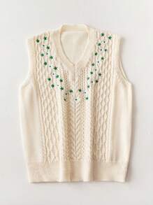 Chiquease 女士V领刺绣花卉图案针织背心，春秋 - 杏色 - 查看 1