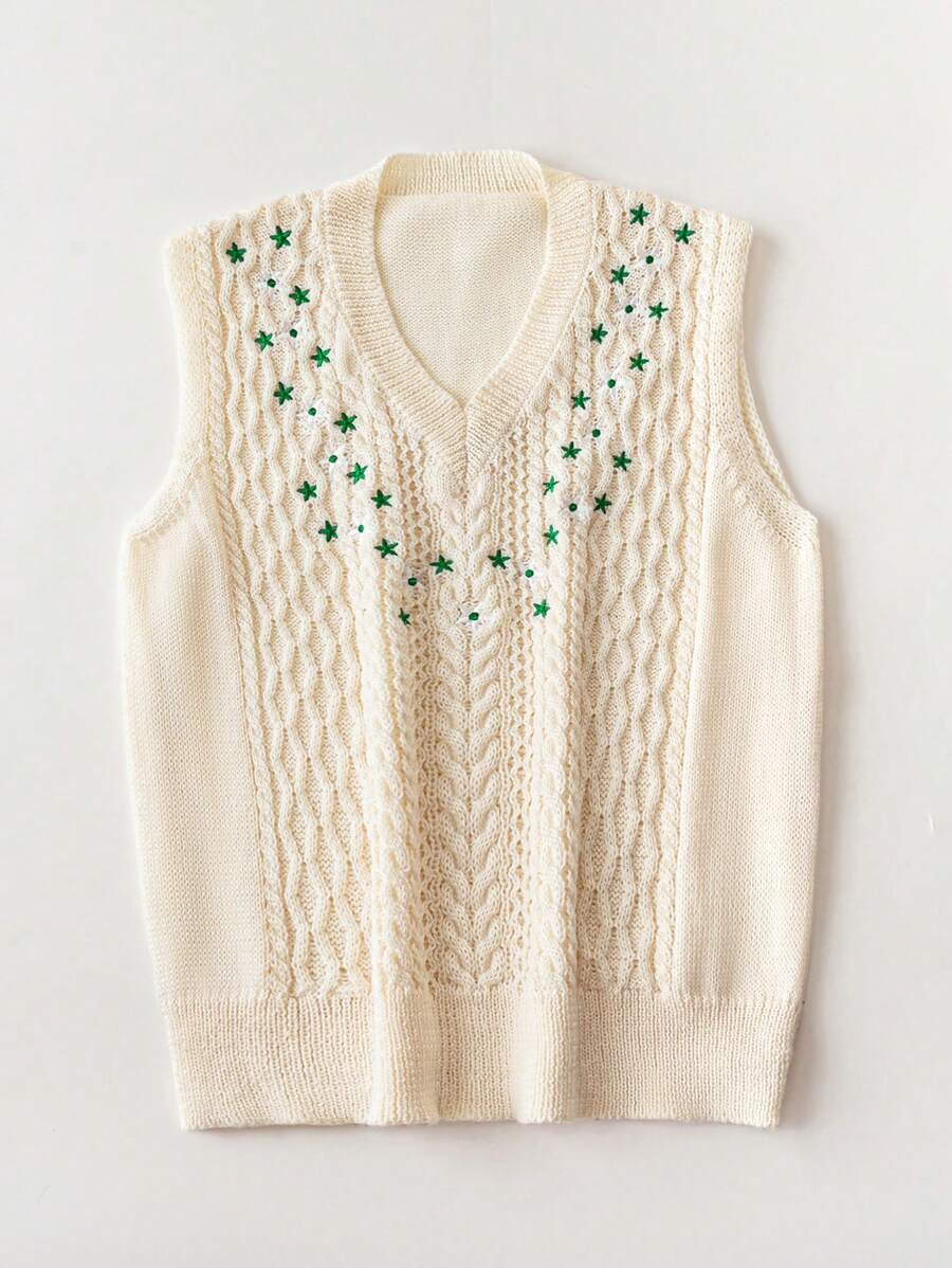 Chiquease 女士V领刺绣花卉图案针织背心，春秋 - 杏色 - 查看 1