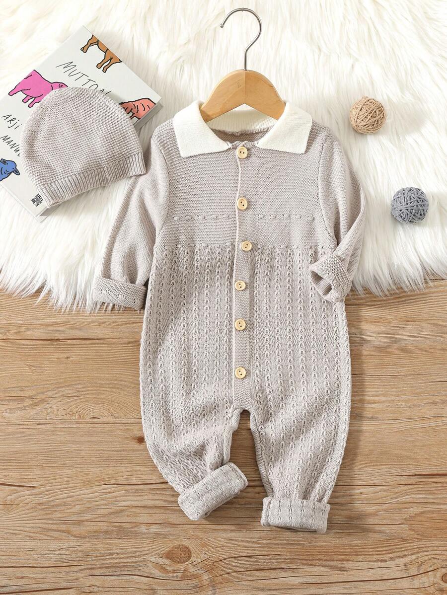 SHEIN 2-teiliges Set Baby Jumpsuit mit Kapuze, grau, Neugeborene Baby Jungen/Mädchen, weich & gemütlich, Jacquard-Muster, warmes Outfit für den Winter