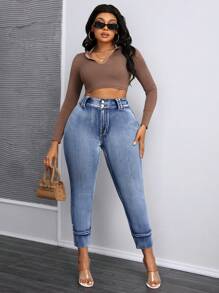 SHEIN SXY Plus Size Front Button Closure Denim Wide Leg Tapered Pants, Casual Daily Wear - Medium Wash - View 4