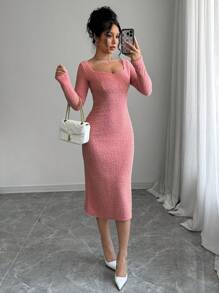 Chiquease Váy đơn giản có cổ dài tay người yêu, trang phục thường ngày - Hồng - Xem 6