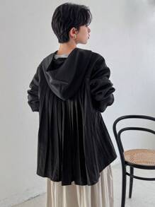 FRIFUL Women's Oversized Ruffle Trim Fleece Sweatshirt With Back Design, Thermal Lined Fall,Winter Hoodies - Black - View 9