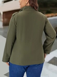 EMERY ROSE Plus Size Women's Zip-Up Front Pocket Military Green Cargo Jacket,Fall Clothes