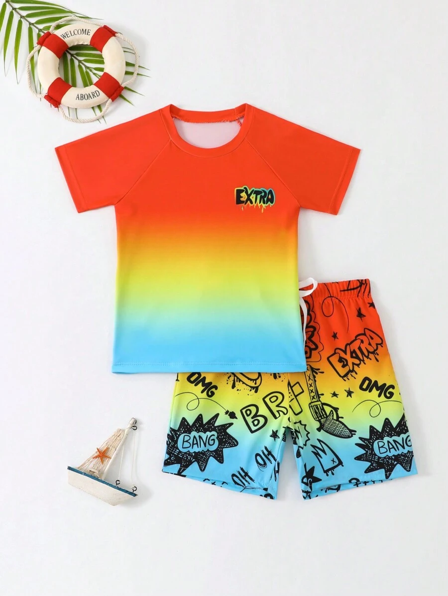 Bộ đồ bơi thông thường in chữ ombre cổ tròn Raglan cho bé trai trẻ - Nhiều màu - Xem 1