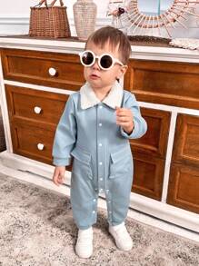 SHEIN 男婴纽扣长袖可爱纹理加厚羊毛连帽连体衣，带大口袋 - 藍色 - 查看 6