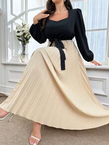 Mulvari 大码女式春秋撞色甜心领灯笼袖褶边优雅连衣裙，朴素连衣裙，适合日常休闲/度假/婚礼派对/晚会