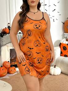 加大码细肩带露背万圣节南瓜字母印花宽松舒适睡袍吊带连衣裙