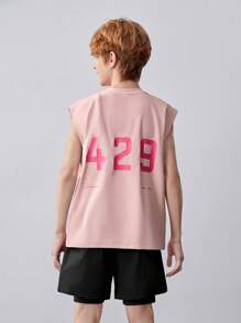 SHEIN Tween Boy Knitted Solid Color Letter Print Vest And Anti-Walk Shorts Sports Set - Multicolor - View 4