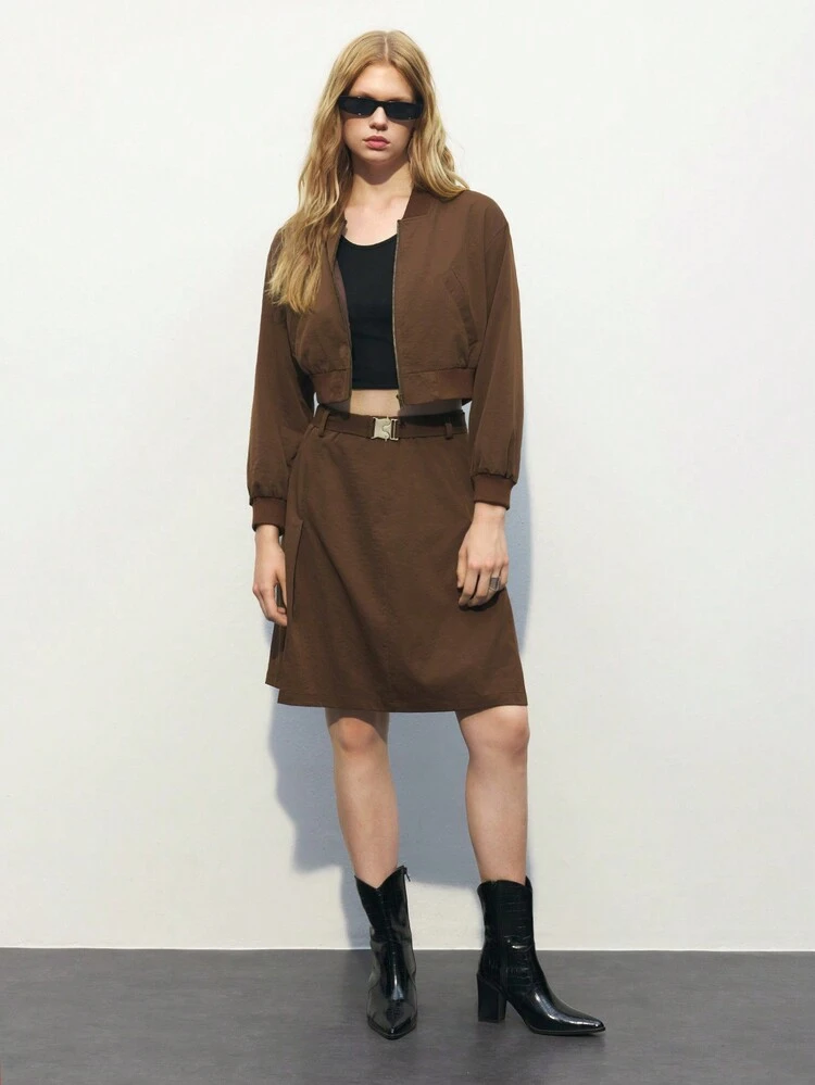 SHEIN Maija Women's Solid Color Long Sleeve Short Casual Bomber Jacket, Spring & Autumn