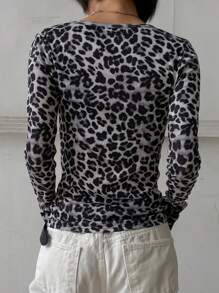 DAZY 女式春夏豹纹圆领长袖修身T恤，秋季服装 - 黑與白 - 查看 5