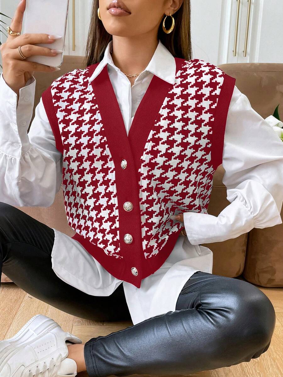 Muchica Spring Houndstooth Print Vest Jacket Without Blouse - Burgundy - View 1