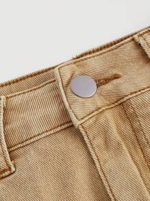 SHEIN MOD Váy denim ngắn trang trí nơ giản dị cho nữ - Màu Khaki - Xem 3