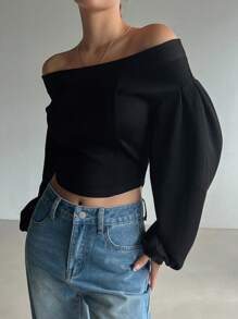 DAZY 女士休闲露肩短款运动衫，春秋装，秋季女装 - 黑色 - 查看 5