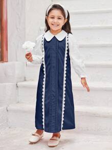 SHEIN Young Girl Contrast Color Peter Pan Collar Contrast Lace 2-In-1 Dress, Suitable For Daily Wear, Family Gathering, Birthday Party, Special Occasions, Suitable For Autumn And Winter