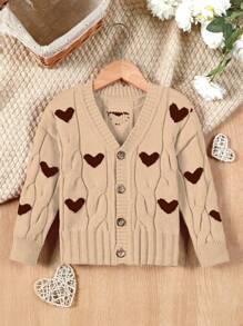 SHEIN Young Girl Cute Heart Pattern Textured Knitted Cardigan, Kids Heart Cardigan, Toddler Girl Cardigan, Baby Girl Knit Cardigan, Cute Heart Sweater, Brown Knit Cardigan - Khaki - View 1