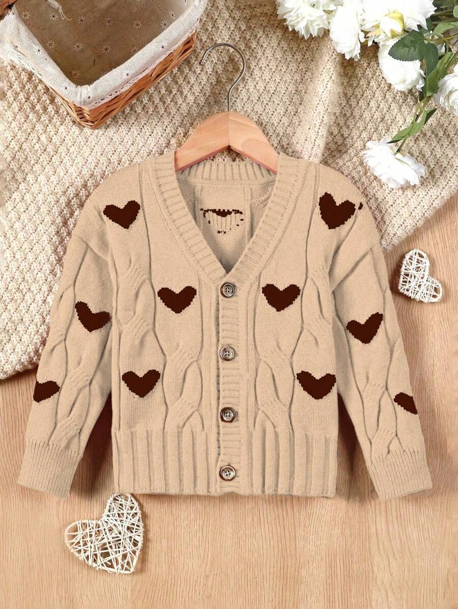 SHEIN Young Girl Cute Heart Pattern Textured Knitted Cardigan, Kids Heart Cardigan, Toddler Girl Cardigan, Baby Girl Knit Cardigan, Cute Heart Sweater, Brown Knit Cardigan - Khaki - View 1