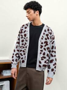 Manfinity VCAY Men's Casual Loose Fit Leopard Print Long Sleeve Cardigan Sweater, For Fall Winter - Multicolor - View 5