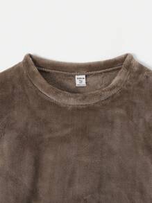 SHEIN 2 件青少年男孩宽松休闲简约长袖衬衫和格子法兰绒裤睡衣套装，秋冬季 - 卡其色 - 查看 3