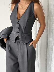 SHEIN EZwear 秋冬纯灰色西装外套、背心和裤子三件套 - 深灰色 - 查看 3