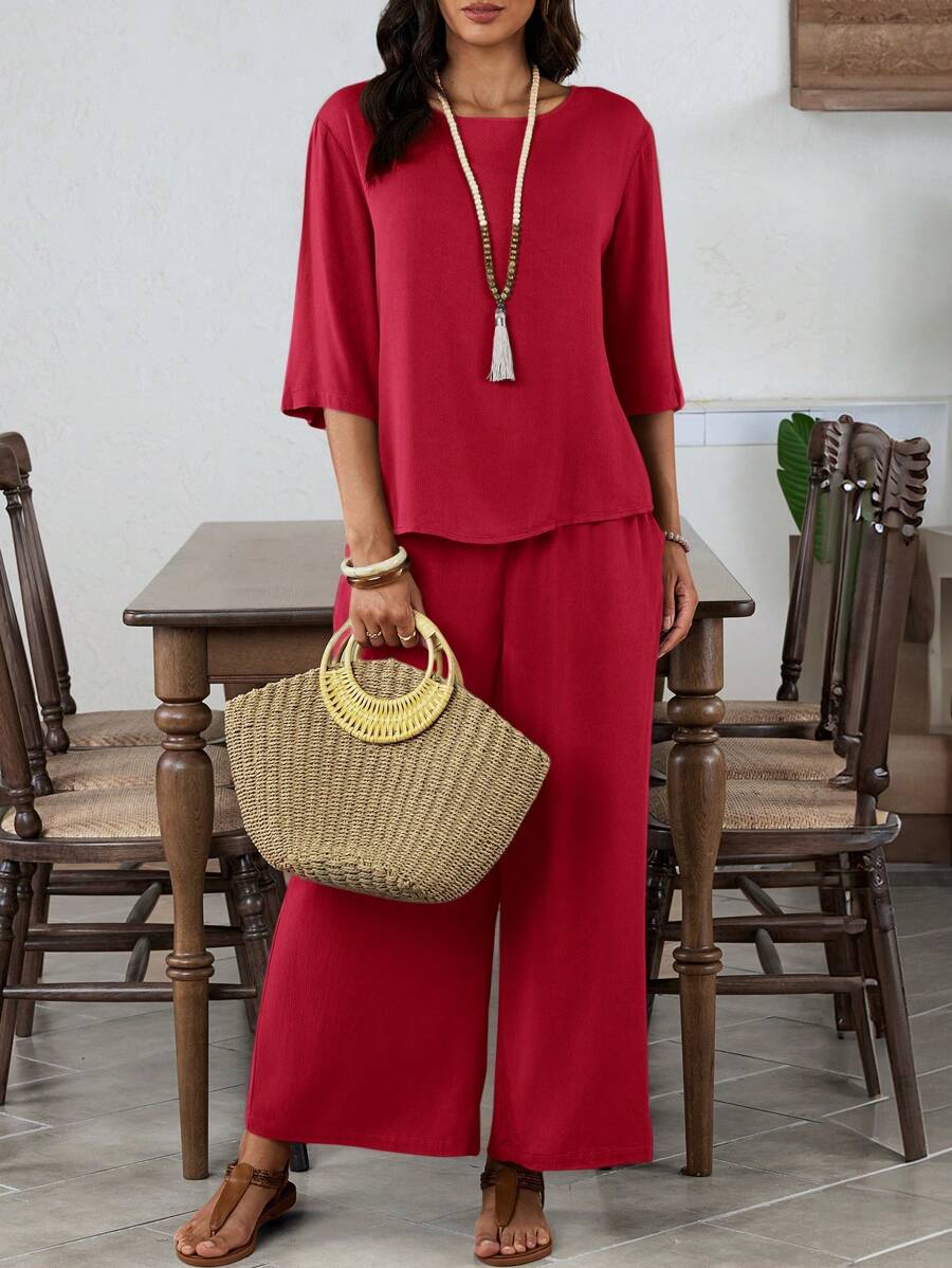 EMERY ROSE 2pcs/Set Women's Elegant Solid Color Crew Neck Mid-Sleeve Green Wide-Leg Pants Set - Burgundy - View 1