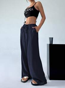 SHEIN EZwear 女式纯色抽绳口袋阔腿休闲飘逸裤 - 藏蓝色 - 查看 3