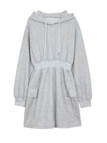 DAZY 女士实用连帽卫衣裙，短款，灰色，春夏秋装，秋季女装长袖连衣裙