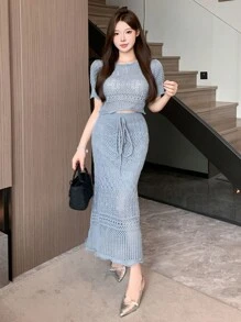 DAZY 2 bucăți/Set Tricou tricotat cu gât roșu și mini-fustă cu noduri ținută elegantă, volan - Albastru - Vizualizare 1