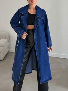 RueChic Lapel Neck Raglan Sleeve Belted Denim Coat - Blue - View 6