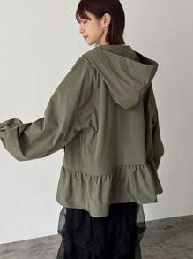 FRIFUL Women's Solid Zip Front Drop Shoulder Ruffle Hem Hooded Light Jacket, Spring Autumn,Fall Women Clothes Women Coats - Green - View 2