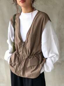 FRIFUL Women Regular Waist Cinched Vest Jacket