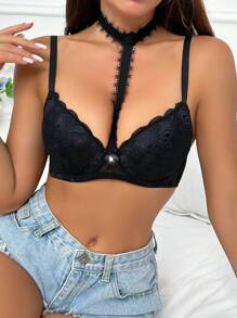 1pc Romantic Lace Halter Cleavage-Enhancing Underwire Bra For Women - Black - View 5