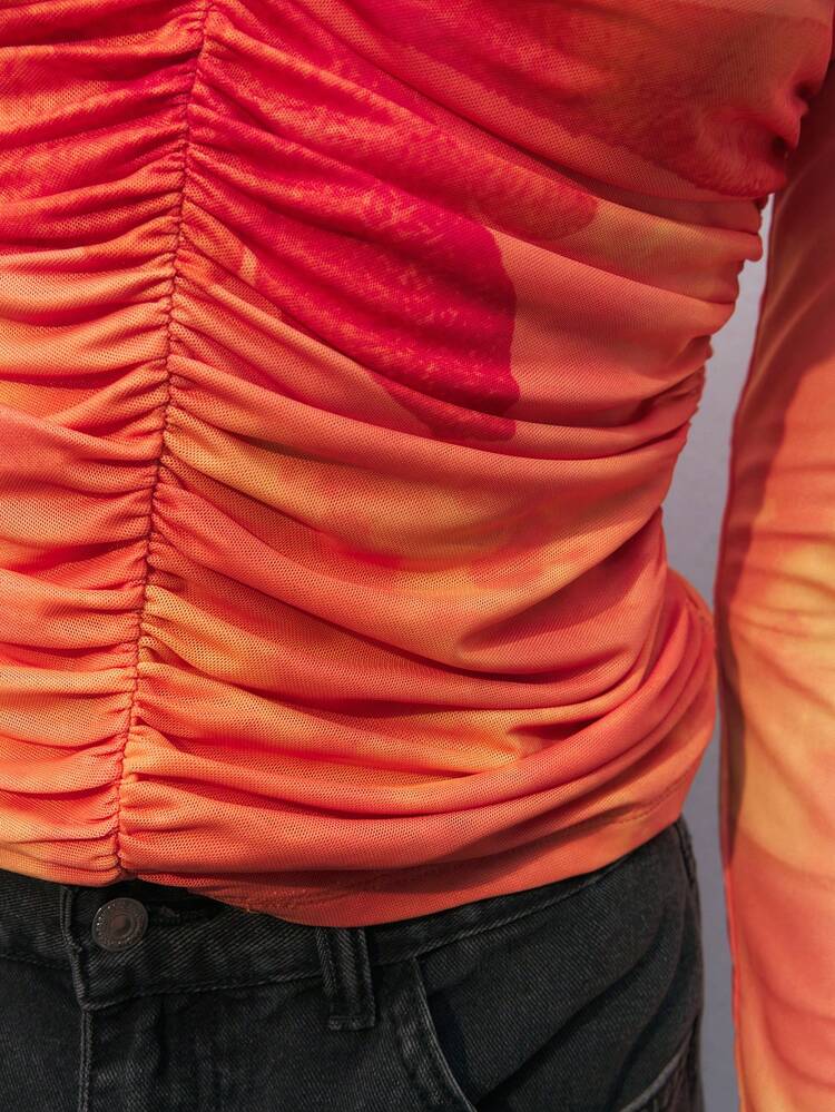 SHEIN Maija Damska plisowana bluzka ze stójką i długim rękawem, z nadrukiem, na co dzień