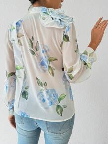 SHEIN Clasi Women's Elegant 3D Floral Decor Choker Collar Long Sleeve Blouse Fall Cloth For Women - White - View 2