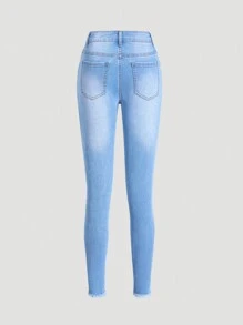 SHEIN 青少年女孩破洞百搭休闲牛仔裤 - 中等水洗藍 - 查看 2