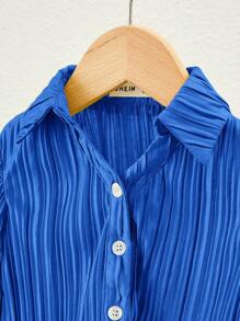 SHEIN Mommy And Me Matching Sets, Casual Solid Color Matte Pleated Collar Long Sleeve Blouse And Elastic Waist Shorts Outfit, Suitable For Outings, Vacations And Traveling - Royal Blue - View 3