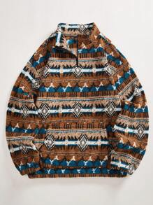 Manfinity Homme Men's Casual Geometric Print Pullover Sweatshirt, Autumn Winter Quarter Zip Going Out Cowboy Graphic Long Sleeve Sweatshirt, For Friends, Husband, Boyfriend Gifts - Coffee Brown - View 1