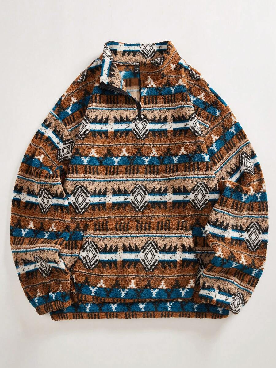 Manfinity Homme Men's Casual Geometric Print Pullover Sweatshirt, Autumn Winter Quarter Zip Going Out Cowboy Graphic Long Sleeve Sweatshirt, For Friends, Husband, Boyfriend Gifts - Coffee Brown - View 1