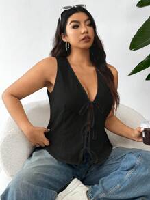 SHEIN EZwear Camisa sin mangas de unicolor de verano informal de talla grande con cordón - Negro - Ver 6