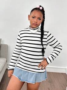 SHEIN Tween Girls Extended Size Basic Casual Ribbed Turtleneck Long Sleeve T-Shirt