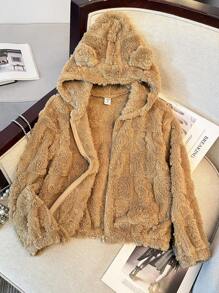 Áo len dệt kim có mũ trùm đầu màu trơn thường ngày của cô gái Tween, mùa thu đông - Màu Khaki - Xem 1