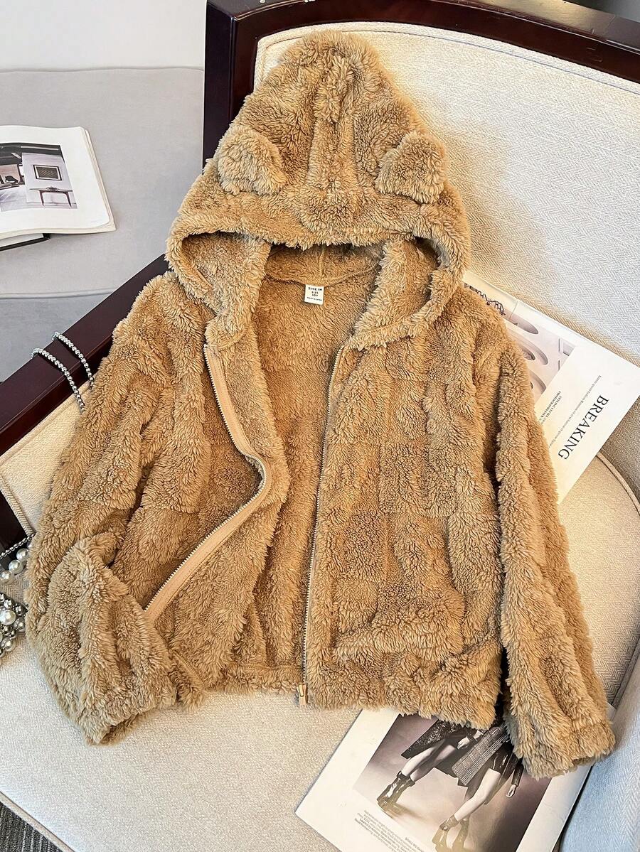 Áo len dệt kim có mũ trùm đầu màu trơn thường ngày của cô gái Tween, mùa thu đông - Màu Khaki - Xem 1