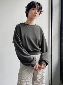 FRIFUL Sudadera con capucha y cordón con bajo asimétrico para mujer con lazo en la espalda - Gris - Ver 8