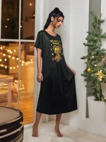 Puffycurly Áo ngủ họa tiết gấu dễ thương màu đen dành cho nữ, mùa hè - màu đen - Xem 2