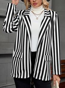EMERY ROSE 女式黑白条纹长袖秋季西装外套 - 黑與白 - 查看 5