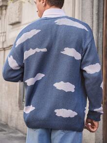 SHEIN Cottnline Cotton Men Cloud Pattern Regular Cardigan - Blue and White - View 2