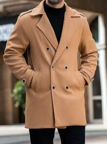 Manfinity Homme Áo khoác nam cổ ve trơn màu cài hai hàng khuy thường ngày, mùa thu/đông - Màu Khaki - Xem 7